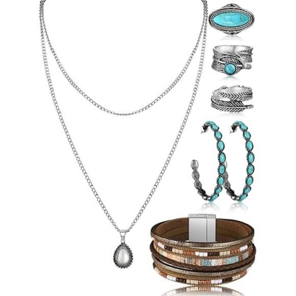 Bohemian Western Jewelry Turquoise Set Women Bohemian Pendant Layered Choker - Picture 6 of 6